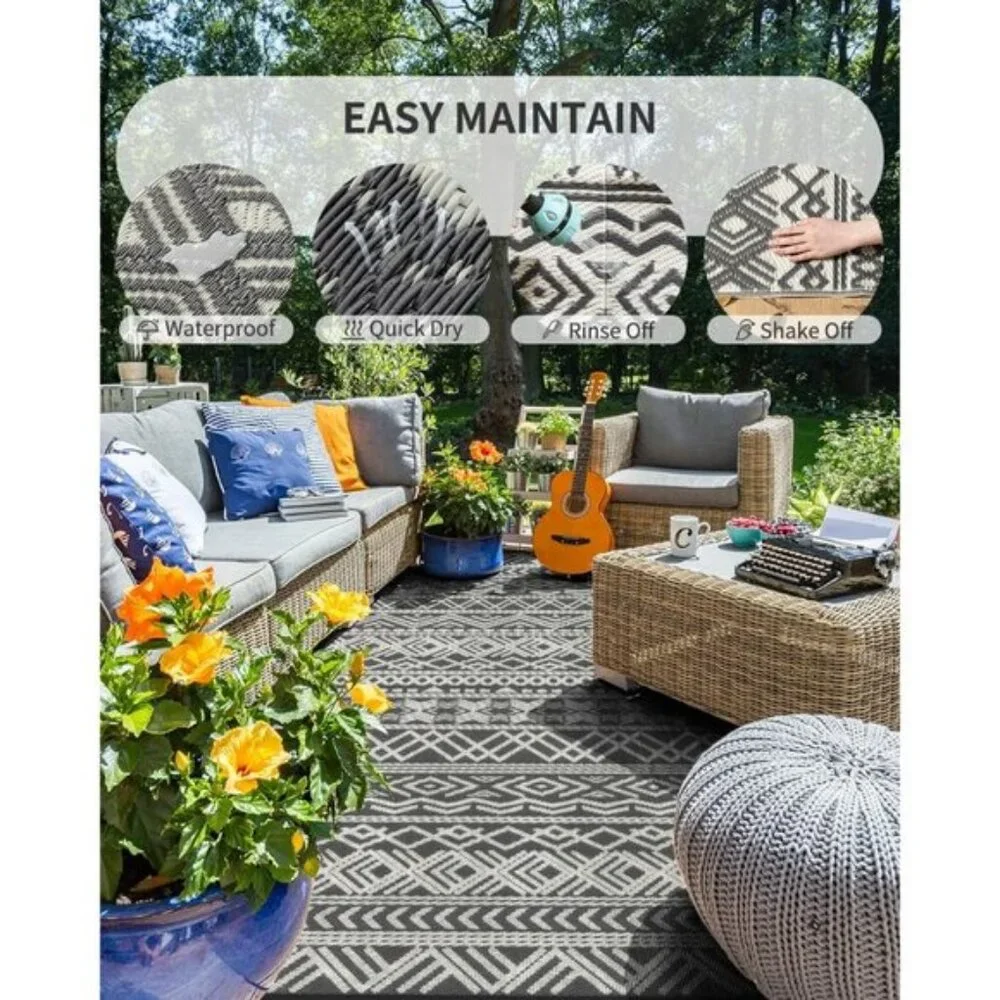 New 6x9 Waterproof Outdoor Rug, Reversible Boho Plastic Straw Patio Carpet